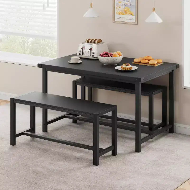 COZONY Set da 3 Pezzi Tavolo da Pranzo per 4 Persone, Tavolo da Cucina in Legno con 2 Panche, Mobili da Pranzo Salvaspazio per Piccoli Spazi e Appartamenti