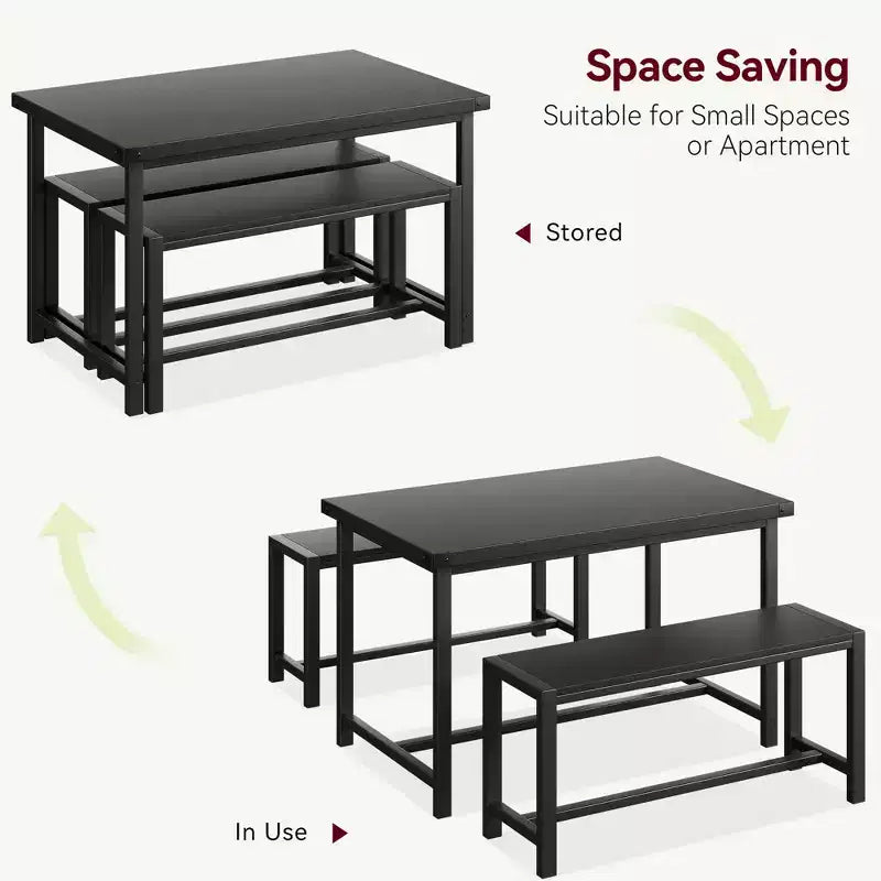 COZONY Set da 3 Pezzi Tavolo da Pranzo per 4 Persone, Tavolo da Cucina in Legno con 2 Panche, Mobili da Pranzo Salvaspazio per Piccoli Spazi e Appartamenti