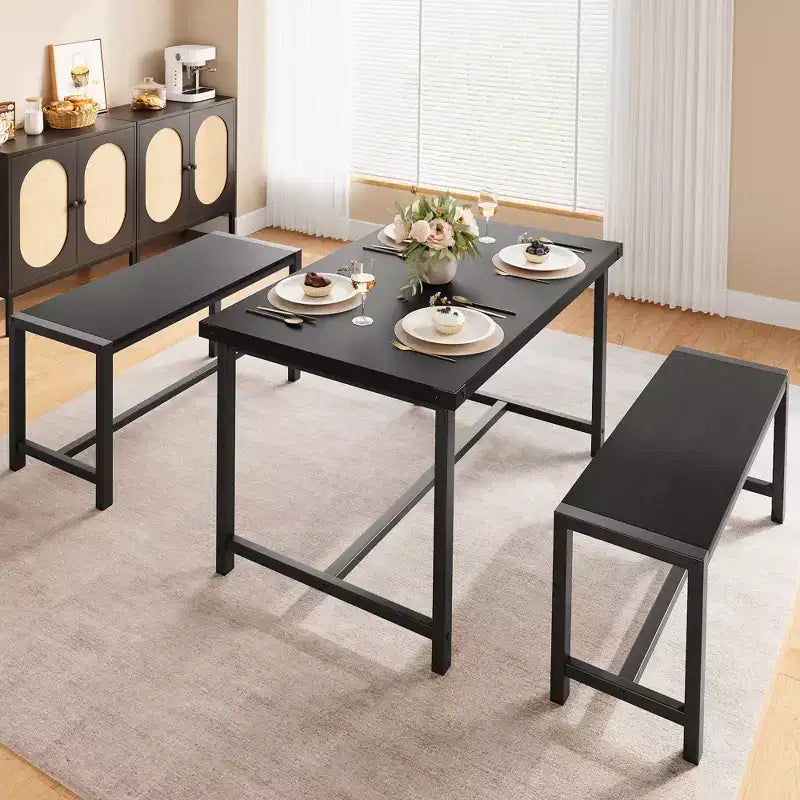COZONY Set da 3 Pezzi Tavolo da Pranzo per 4 Persone, Tavolo da Cucina in Legno con 2 Panche, Mobili da Pranzo Salvaspazio per Piccoli Spazi e Appartamenti