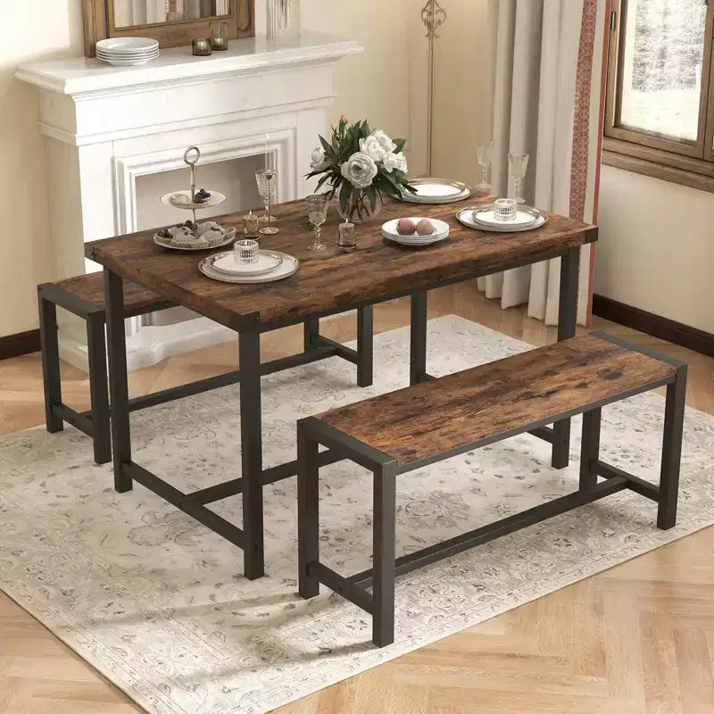 COZONY Set da 3 Pezzi Tavolo da Pranzo per 4 Persone, Tavolo da Cucina in Legno con 2 Panche, Mobili da Pranzo Salvaspazio per Piccoli Spazi e Appartamenti