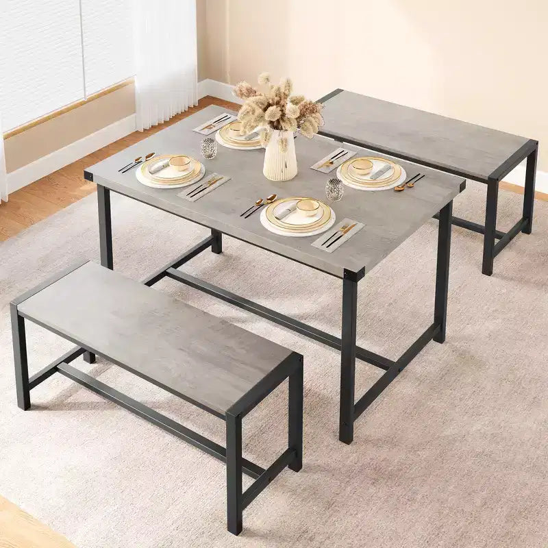 COZONY Set da 3 Pezzi Tavolo da Pranzo per 4 Persone, Tavolo da Cucina in Legno con 2 Panche, Mobili da Pranzo Salvaspazio per Piccoli Spazi e Appartamenti