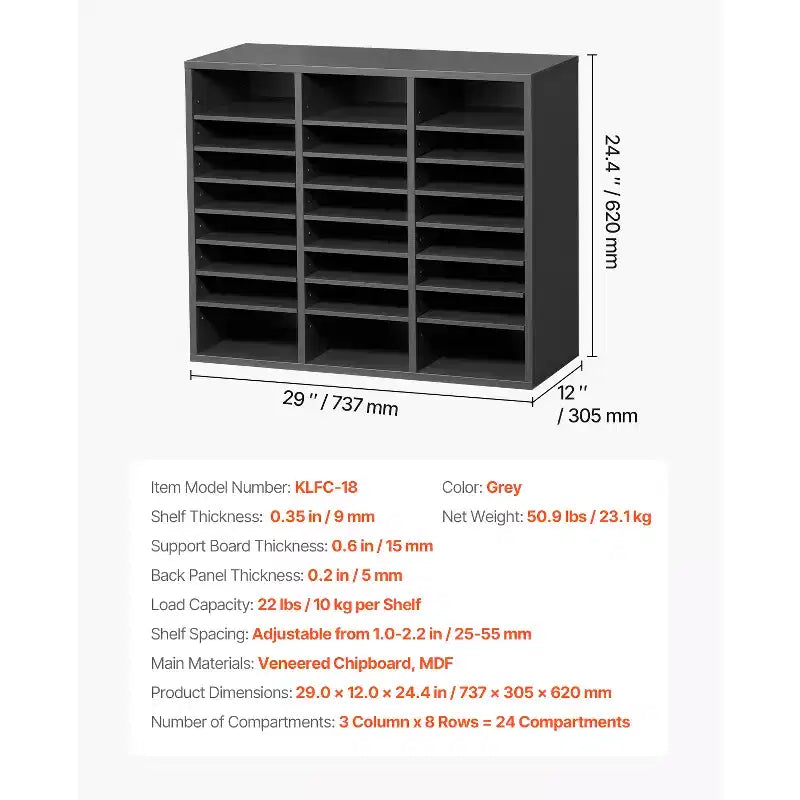 Organizzatore di riviste VEVOR, 24 scomparti per ufficio con ripiani regolabili, portalettere in fibra di legno a media densità, grigio