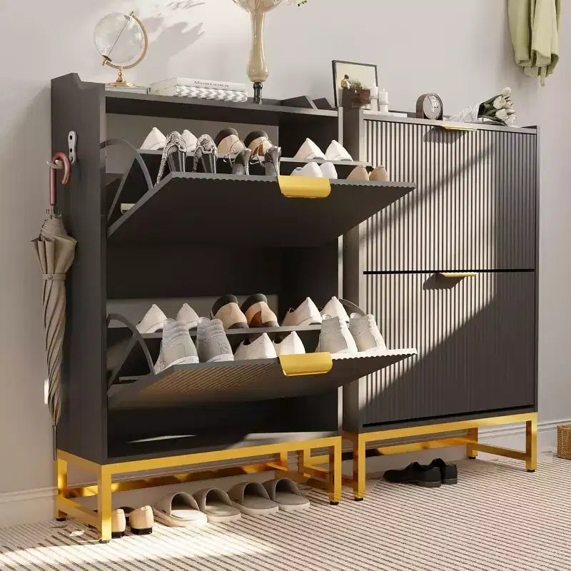 Acekool Scarpiera scanalata, mobiletto sottile con 2 cassetti a ribalta a onda e maniglie dorate, scaffale portaoggetti per ingresso