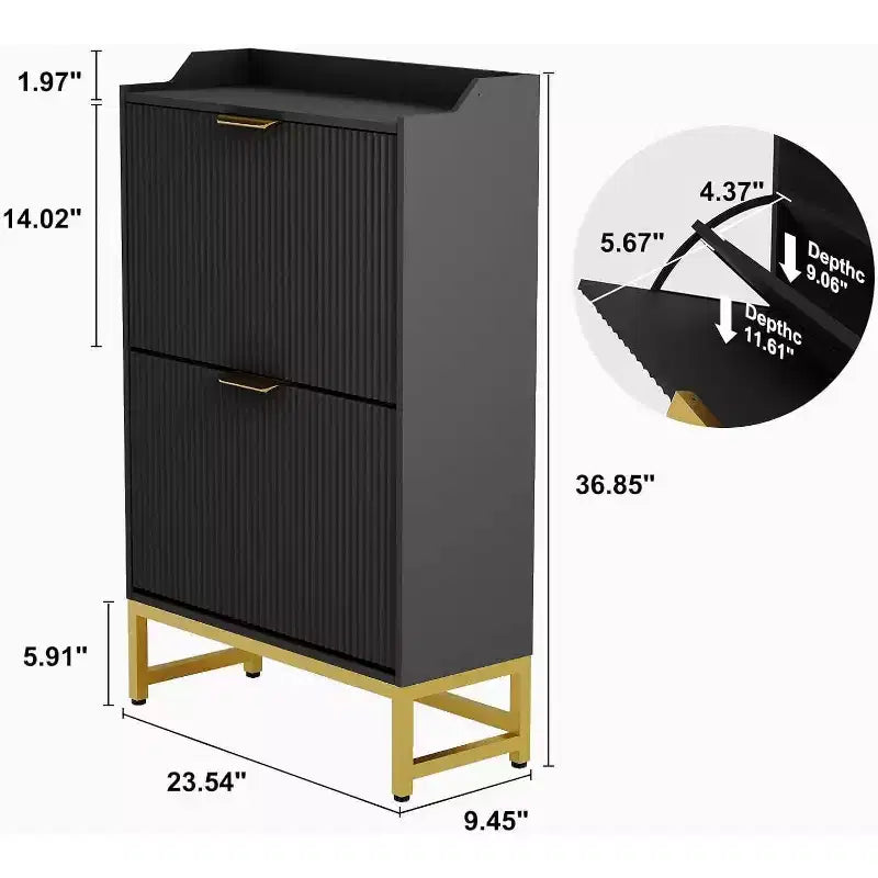 Acekool Scarpiera scanalata, mobiletto sottile con 2 cassetti a ribalta a onda e maniglie dorate, scaffale portaoggetti per ingresso