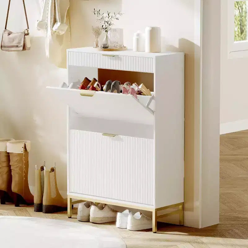 Acekool Scarpiera scanalata, mobiletto sottile con 2 cassetti a ribalta a onda e maniglie dorate, scaffale portaoggetti per ingresso