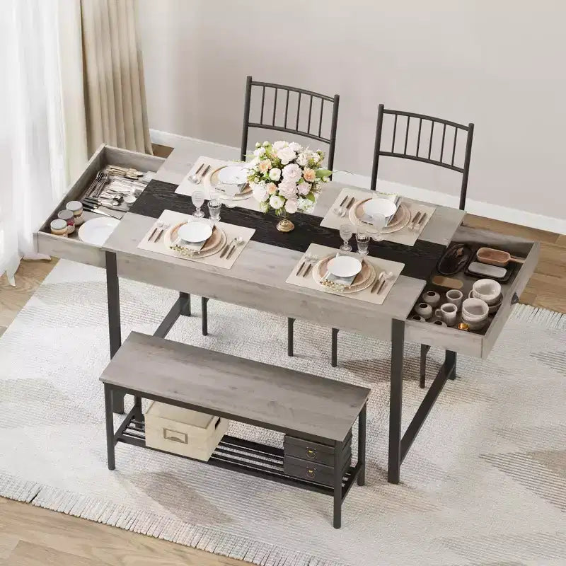 Set tavolo da pranzo per 4 persone, tavolino da cucina e 2 sedie per 4 con panca, set tavolo da cucina salvaspazio con ripiano portaoggetti e cassetti
