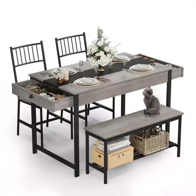 Set tavolo da pranzo per 4 persone, tavolino da cucina e 2 sedie per 4 con panca, set tavolo da cucina salvaspazio con ripiano portaoggetti e cassetti