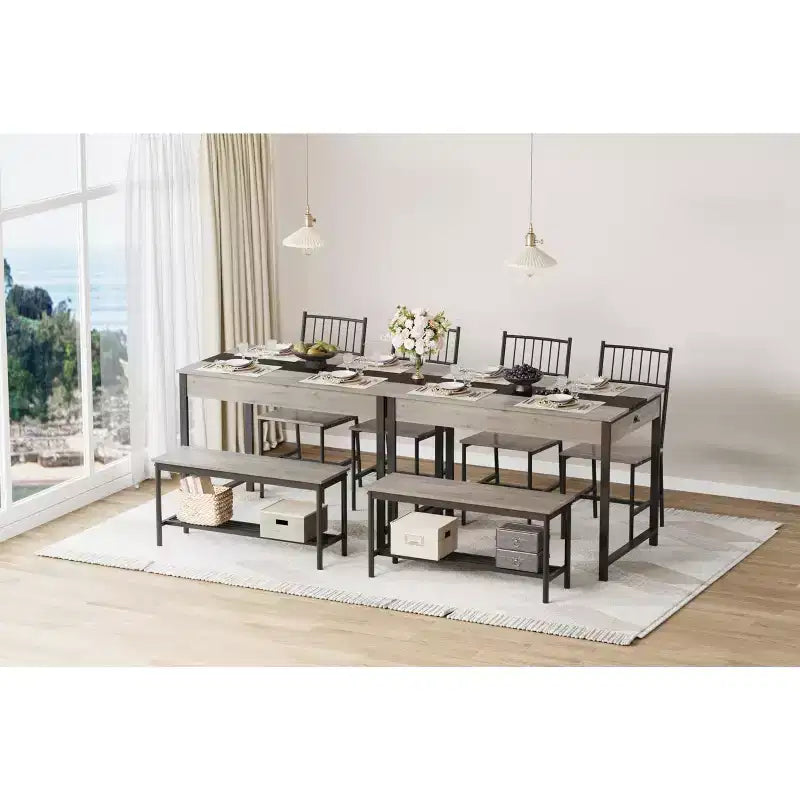 Set tavolo da pranzo per 4 persone, tavolino da cucina e 2 sedie per 4 con panca, set tavolo da cucina salvaspazio con ripiano portaoggetti e cassetti