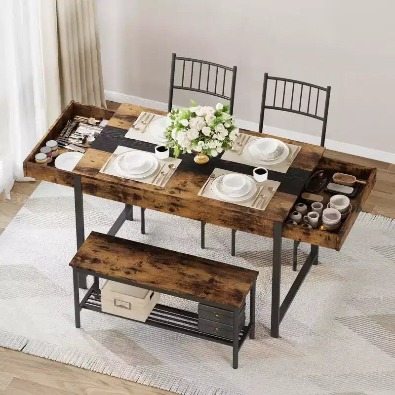 Set tavolo da pranzo per 4 persone, tavolino da cucina e 2 sedie per 4 con panca, set tavolo da cucina salvaspazio con ripiano portaoggetti e cassetti