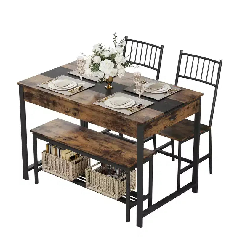 Set tavolo da pranzo per 4 persone, tavolino da cucina e 2 sedie per 4 con panca, set tavolo da cucina salvaspazio con ripiano portaoggetti e cassetti