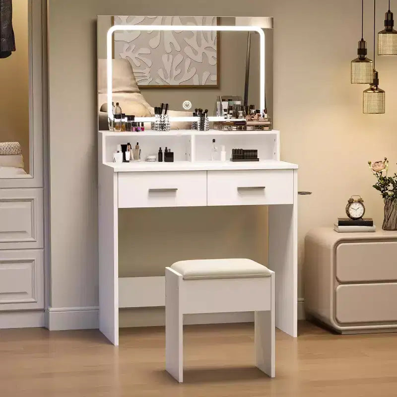 Set Toeletta con Specchio a LED Regolabile a 3 Colori, Piccola Scrivania da Trucco con Presa di Corrente e 2 Cassetti, Tavolo da Trucco Moderno e Sgabello Imbottito