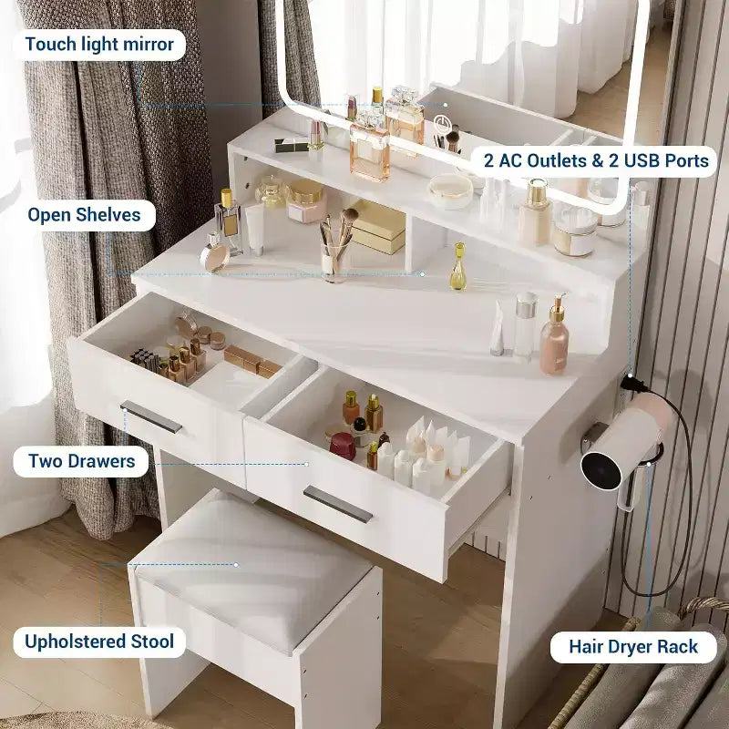 Set Toeletta con Specchio a LED Regolabile a 3 Colori, Piccola Scrivania da Trucco con Presa di Corrente e 2 Cassetti, Tavolo da Trucco Moderno e Sgabello Imbottito