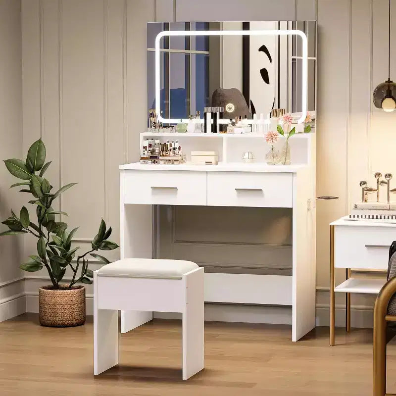 Set Toeletta con Specchio a LED Regolabile a 3 Colori, Piccola Scrivania da Trucco con Presa di Corrente e 2 Cassetti, Tavolo da Trucco Moderno e Sgabello Imbottito