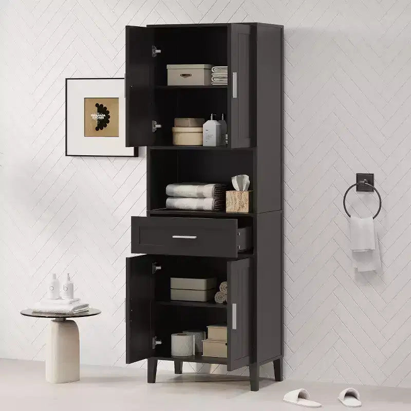 Mobiletto da bagno alto autoportante Okak con ante e cassetti/ripiani, mobiletto da terra per bagno, cucina