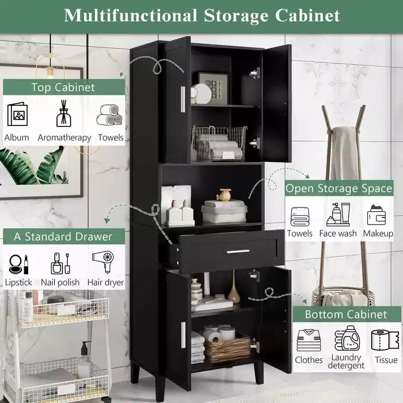 Mobiletto da bagno alto autoportante Okak con ante e cassetti/ripiani, mobiletto da terra per bagno, cucina