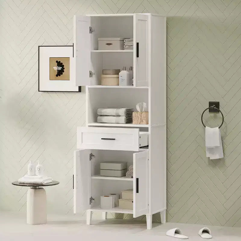 Mobiletto da bagno alto autoportante Okak con ante e cassetti/ripiani, mobiletto da terra per bagno, cucina