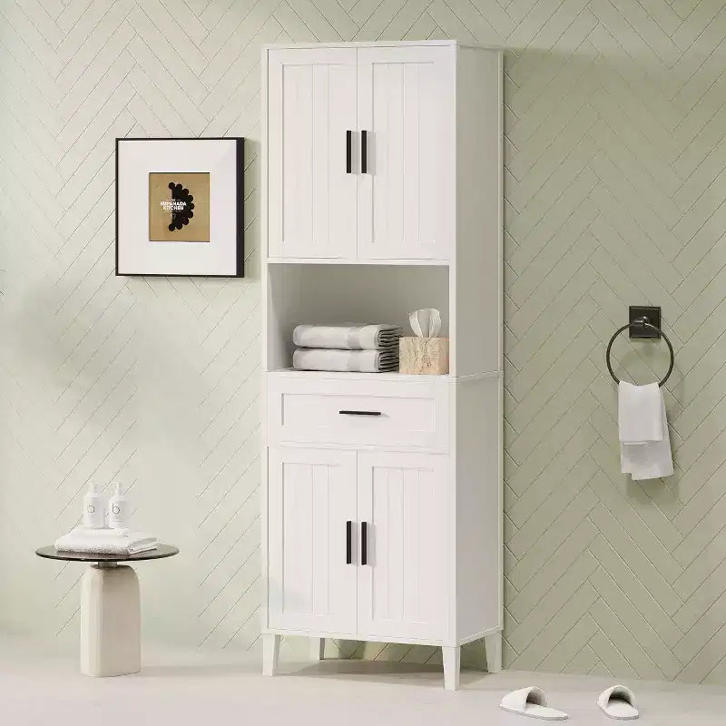Mobiletto da bagno alto autoportante Okak con ante e cassetti/ripiani, mobiletto da terra per bagno, cucina