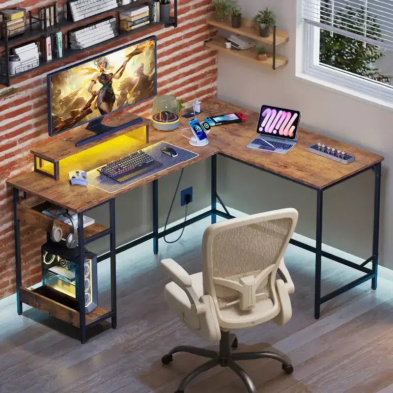 GALAXHERO Scrivania Gaming a L da 60 pollici con Prese di Corrente e Luci LED, Scrivania ad Angolo con Gancio, Scrivania da Ufficio Convertibile per Camera da Letto