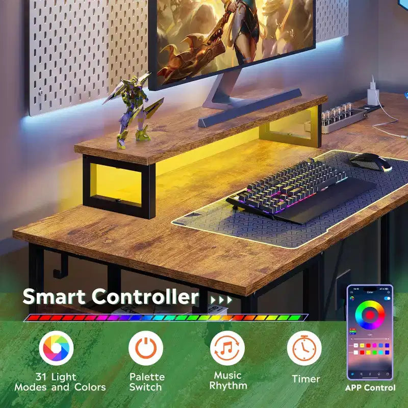 GALAXHERO Scrivania Gaming a L da 60 pollici con Prese di Corrente e Luci LED, Scrivania ad Angolo con Gancio, Scrivania da Ufficio Convertibile per Camera da Letto