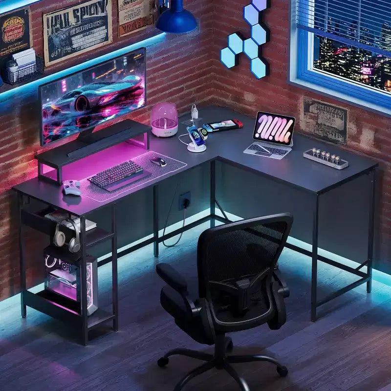 GALAXHERO Scrivania Gaming a L da 60 pollici con Prese di Corrente e Luci LED, Scrivania ad Angolo con Gancio, Scrivania da Ufficio Convertibile per Camera da Letto