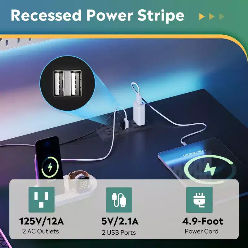 GALAXHERO Scrivania Gaming a L da 60 pollici con Prese di Corrente e Luci LED, Scrivania ad Angolo con Gancio, Scrivania da Ufficio Convertibile per Camera da Letto