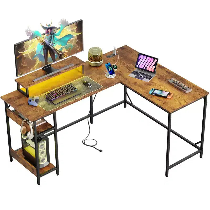 GALAXHERO Scrivania Gaming a L da 60 pollici con Prese di Corrente e Luci LED, Scrivania ad Angolo con Gancio, Scrivania da Ufficio Convertibile per Camera da Letto