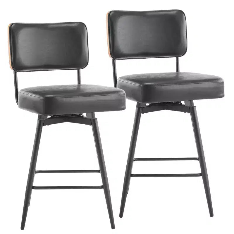 Karl Home Set di 2 sgabelli da bar con schienale curvo in pelle PU nera, base in ferro, girevole