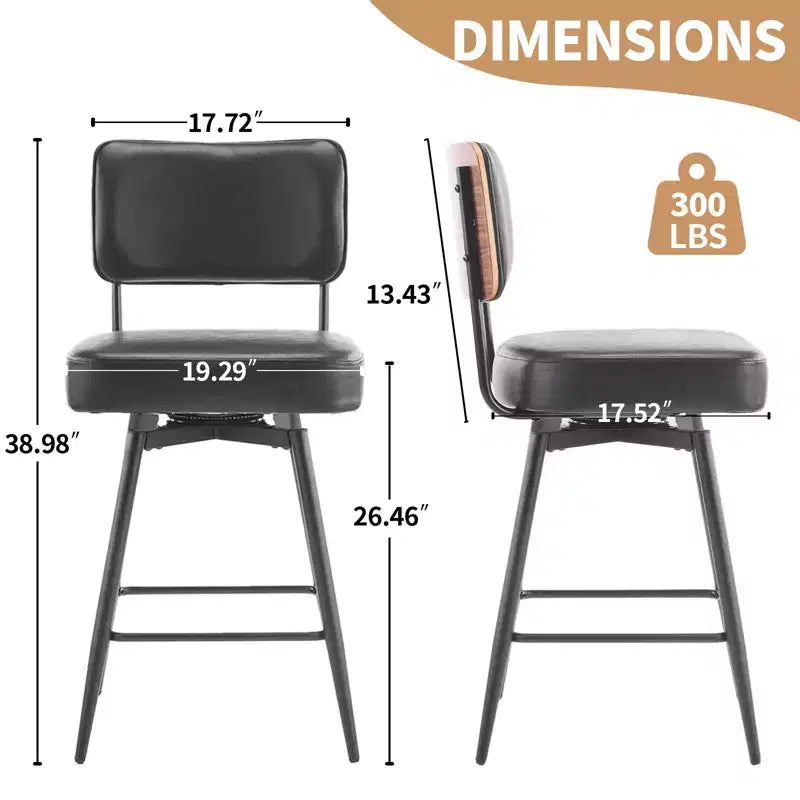 Karl Home Set di 2 sgabelli da bar con schienale curvo in pelle PU nera, base in ferro, girevole