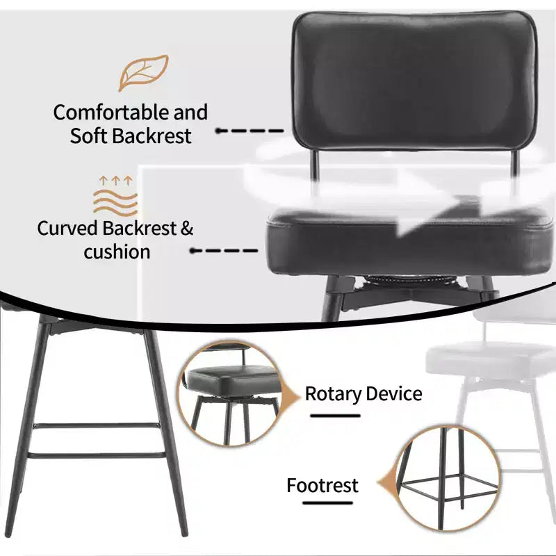 Karl Home Set di 2 sgabelli da bar con schienale curvo in pelle PU nera, base in ferro, girevole