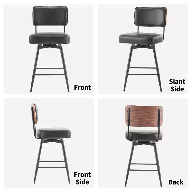 Karl Home Set di 2 sgabelli da bar con schienale curvo in pelle PU nera, base in ferro, girevole