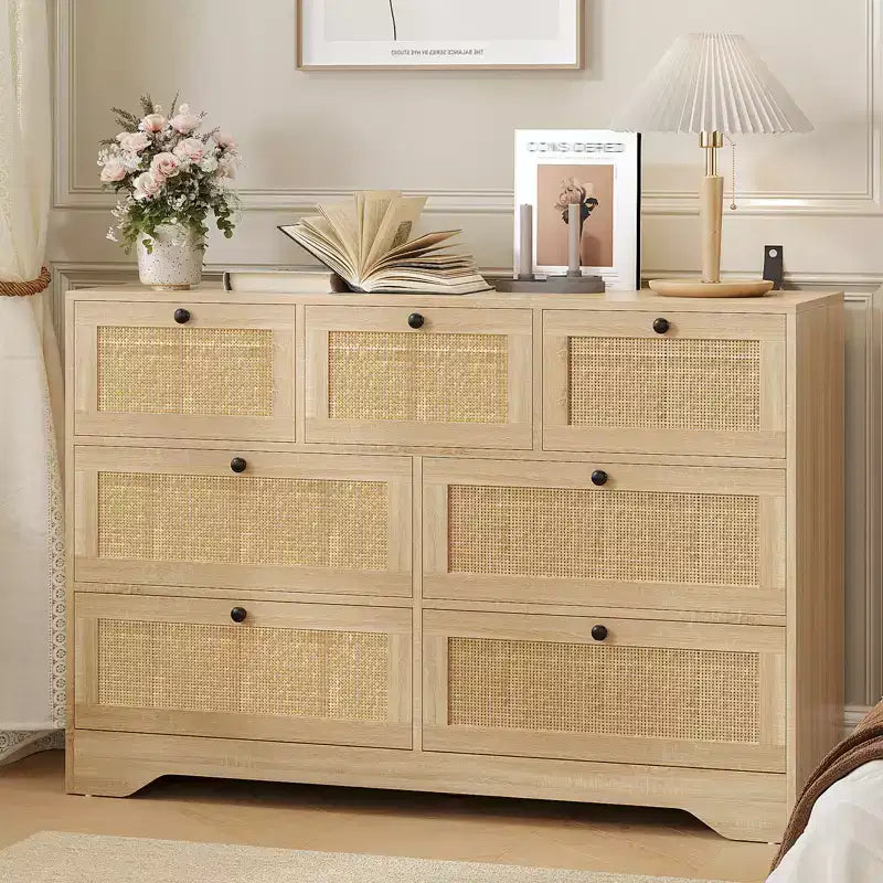 CuisinSmart Natural Rattan 7 Drawer Dresser for Bedroom, Farmhouse Wooden Chest of Drawers for Living Room, Entryway, Hallway, Oak