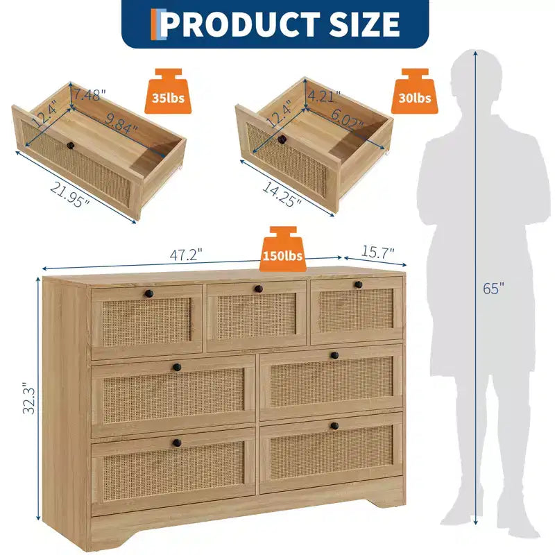 CuisinSmart Cassettiera a 7 cassetti in rattan naturale per camera da letto, cassettiera in legno stile rustico per soggiorno, ingresso, corridoio, rovere