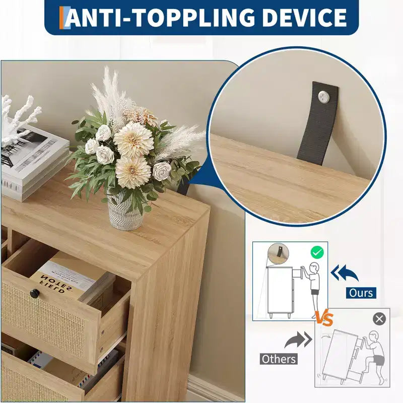 CuisinSmart Cassettiera a 7 cassetti in rattan naturale per camera da letto, cassettiera in legno stile rustico per soggiorno, ingresso, corridoio, rovere