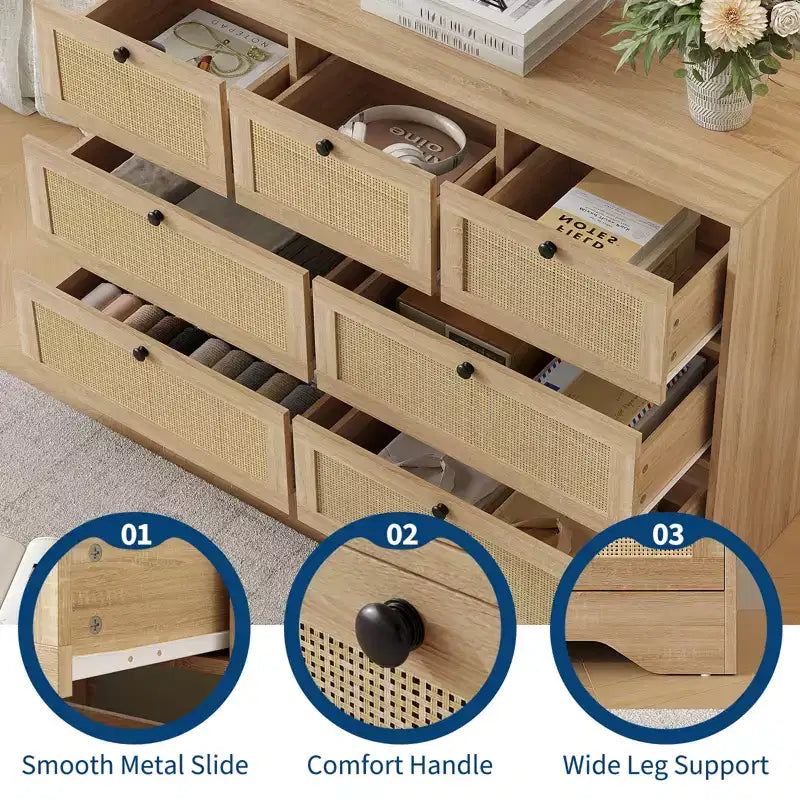 CuisinSmart Cassettiera a 7 cassetti in rattan naturale per camera da letto, cassettiera in legno stile rustico per soggiorno, ingresso, corridoio, rovere