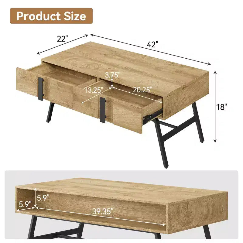 Tavolino da salotto GustoWave in legno, tavolino da caffè moderno di metà secolo con cassetto e ripiano aperto per soggiorno, legno naturale
