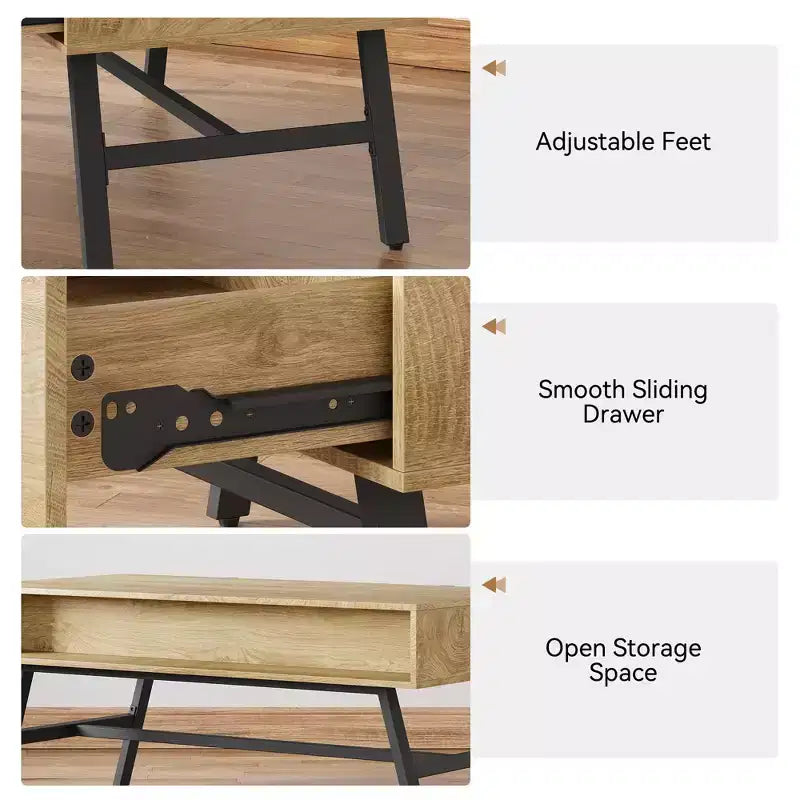 Tavolino da salotto GustoWave in legno, tavolino da caffè moderno di metà secolo con cassetto e ripiano aperto per soggiorno, legno naturale