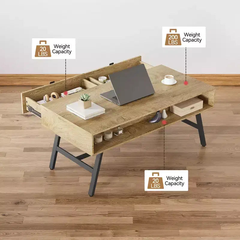 Tavolino da salotto GustoWave in legno, tavolino da caffè moderno di metà secolo con cassetto e ripiano aperto per soggiorno, legno naturale