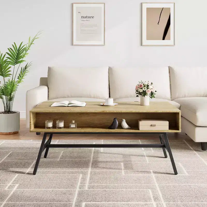 Tavolino da salotto GustoWave in legno, tavolino da caffè moderno di metà secolo con cassetto e ripiano aperto per soggiorno, legno naturale