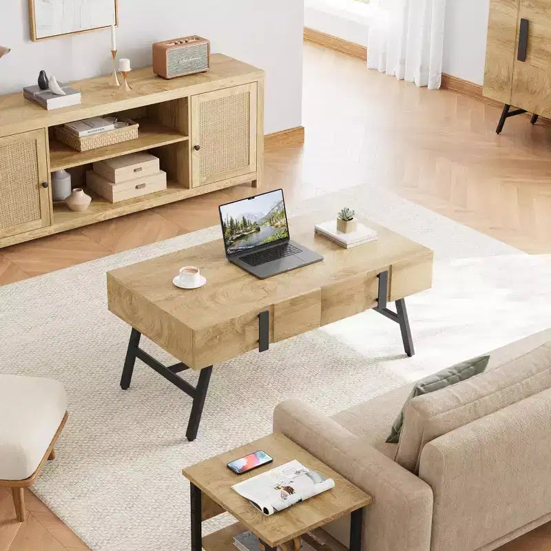 Tavolino da salotto GustoWave in legno, tavolino da caffè moderno di metà secolo con cassetto e ripiano aperto per soggiorno, legno naturale
