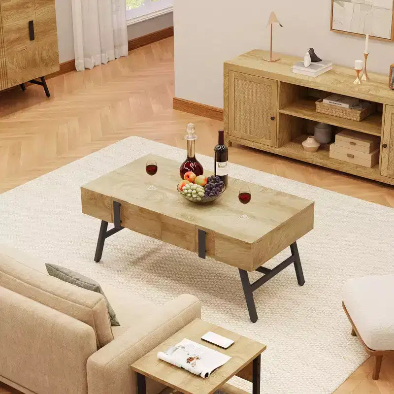 Tavolino da salotto GustoWave in legno, tavolino da caffè moderno di metà secolo con cassetto e ripiano aperto per soggiorno, legno naturale