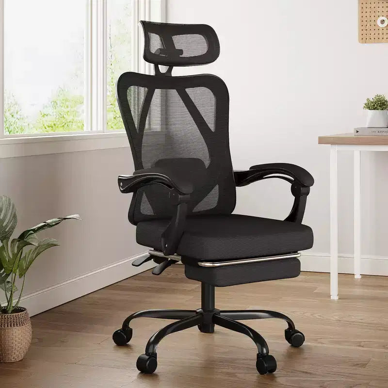 MAYEERTY Ergonomic Mesh Office Chair - With Headrest, Lumbar Support & Footrest for Home Office & Study (Black)