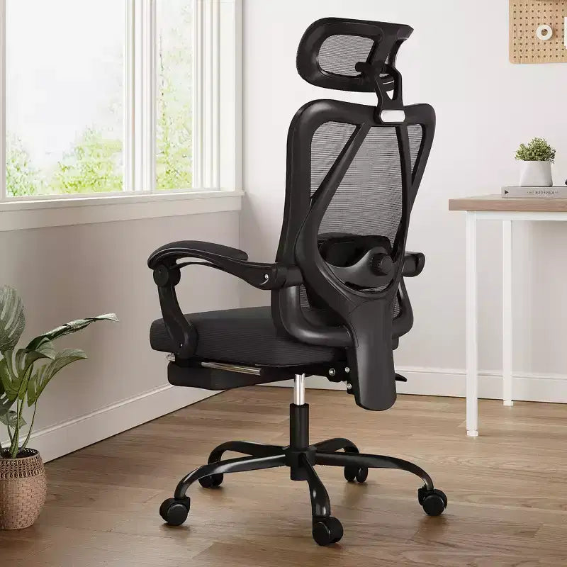 MAYEERTY Sedia da ufficio ergonomica in rete - Con poggiatesta, supporto lombare e poggiapiedi per ufficio a casa e studio (Nero)