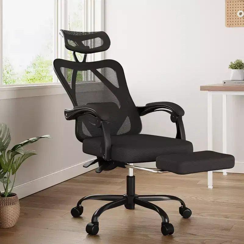 MAYEERTY Sedia da ufficio ergonomica in rete - Con poggiatesta, supporto lombare e poggiapiedi per ufficio a casa e studio (Nero)