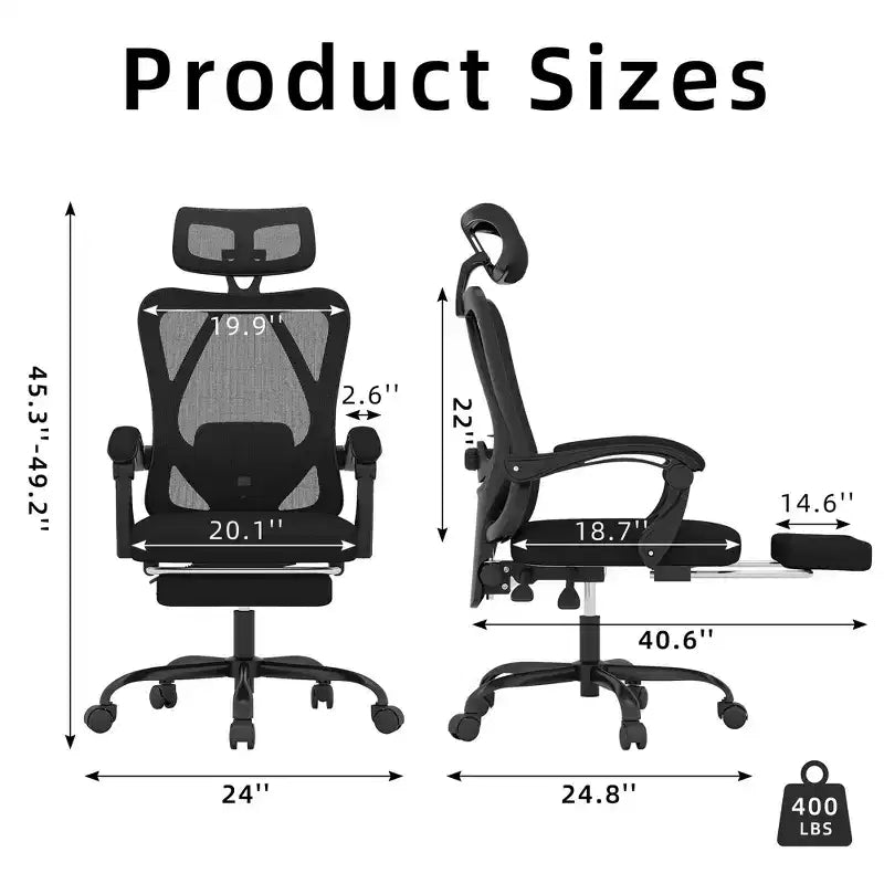 MAYEERTY Sedia da ufficio ergonomica in rete - Con poggiatesta, supporto lombare e poggiapiedi per ufficio a casa e studio (Nero)