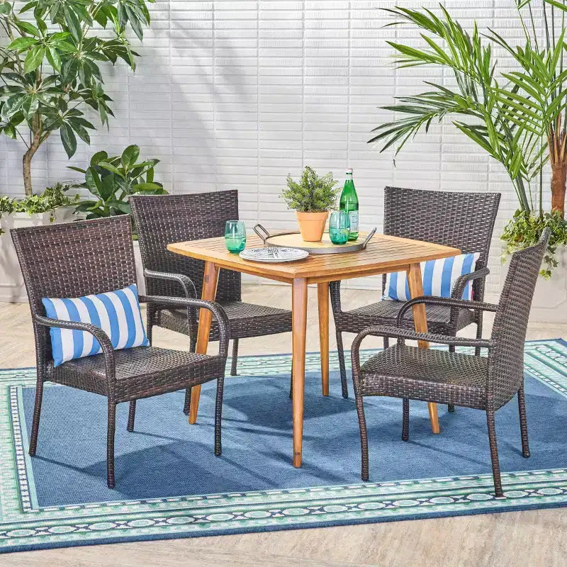 Christopher Knight Home Lagen Set da pranzo da 5 pezzi per esterni in legno di acacia e vimini