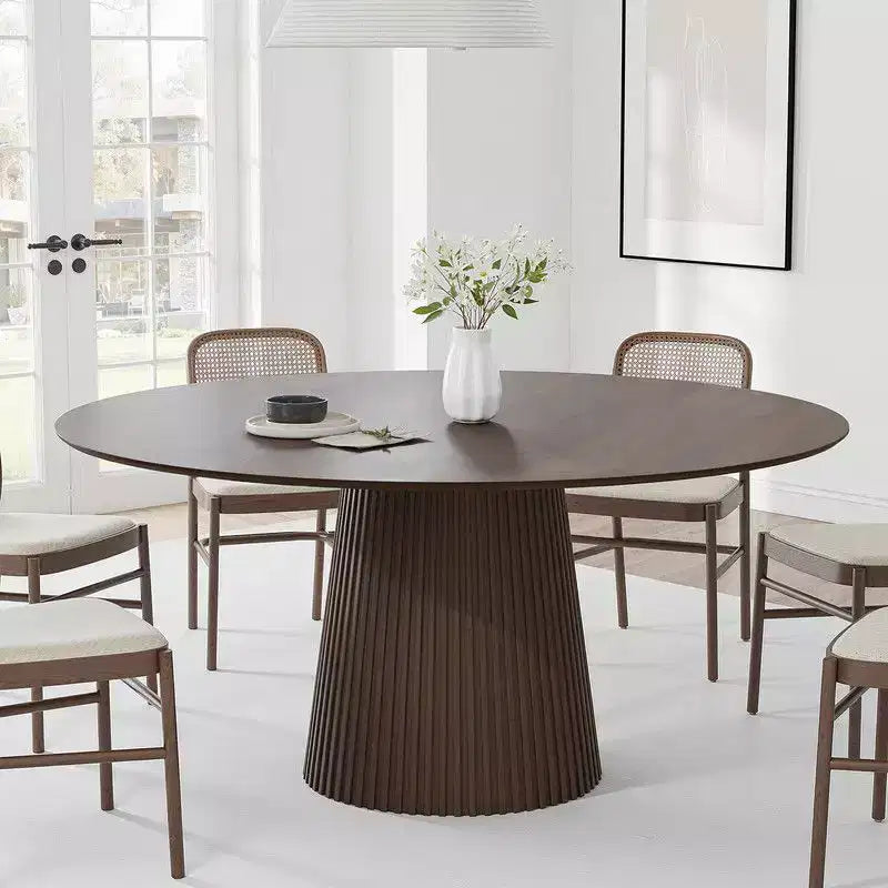 PexFix Tavolo da pranzo rotondo da 60 per 6 persone, tavolo a piedistallo moderno con base a cono scanalato e piano in MDF di legno per sala da pranzo, cucina, caffè, piccoli spazi, noce