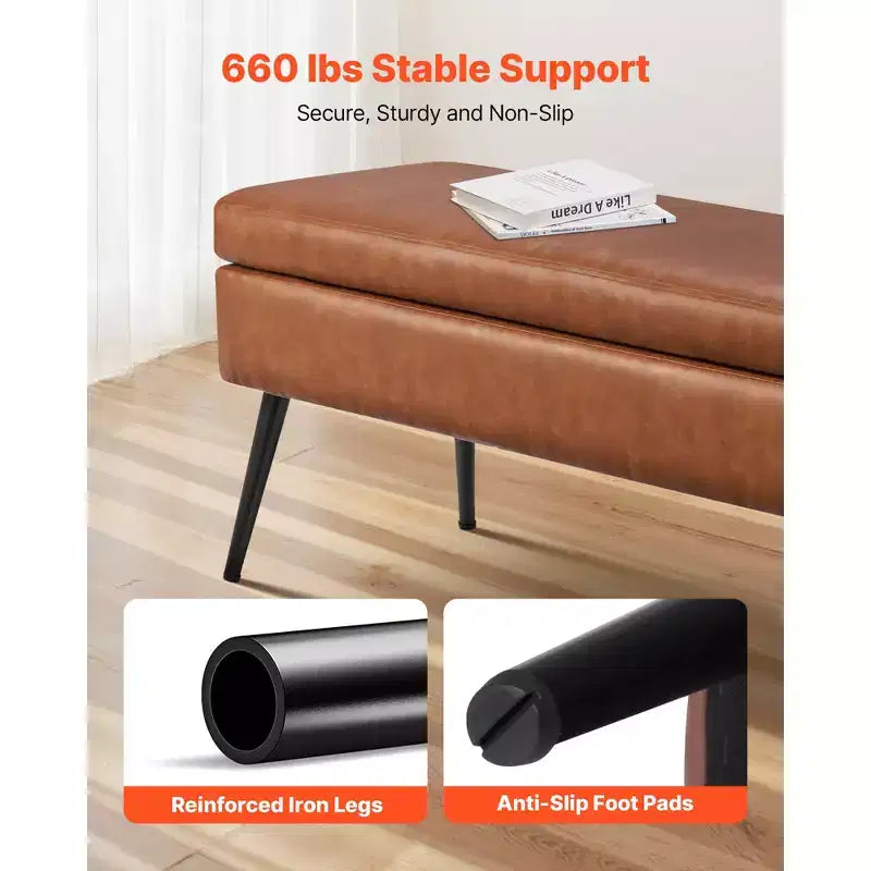 VEVOR Panca Pouf Contenitore in Pelle, Panca in Pelle PU con Contenitore e Gambe in Metallo, Panche da Letto Imbottite, Marrone