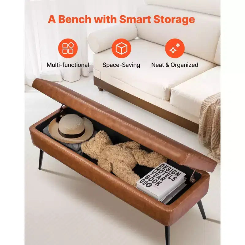 VEVOR Panca Pouf Contenitore in Pelle, Panca in Pelle PU con Contenitore e Gambe in Metallo, Panche da Letto Imbottite, Marrone
