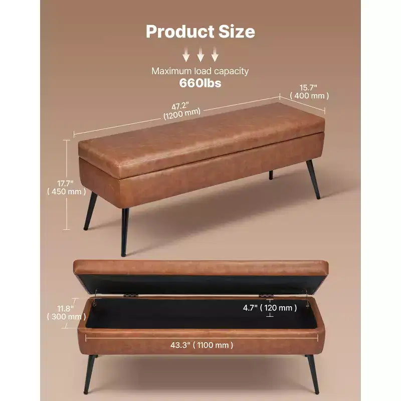 VEVOR Panca Pouf Contenitore in Pelle, Panca in Pelle PU con Contenitore e Gambe in Metallo, Panche da Letto Imbottite, Marrone