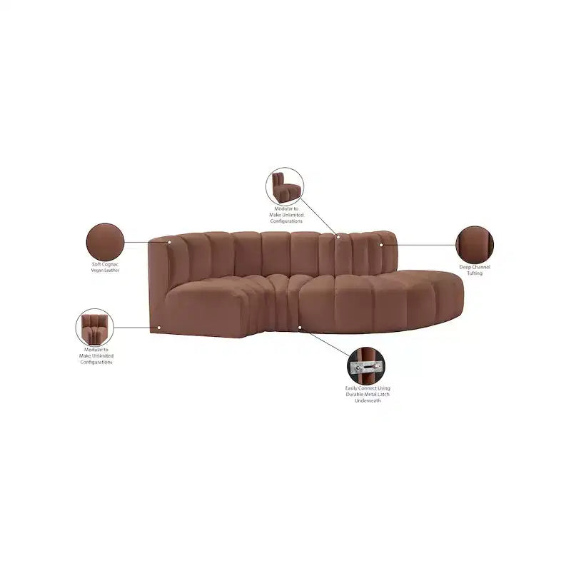 Meridian Furniture, divano modulare Arc in pelle vegana color cognac